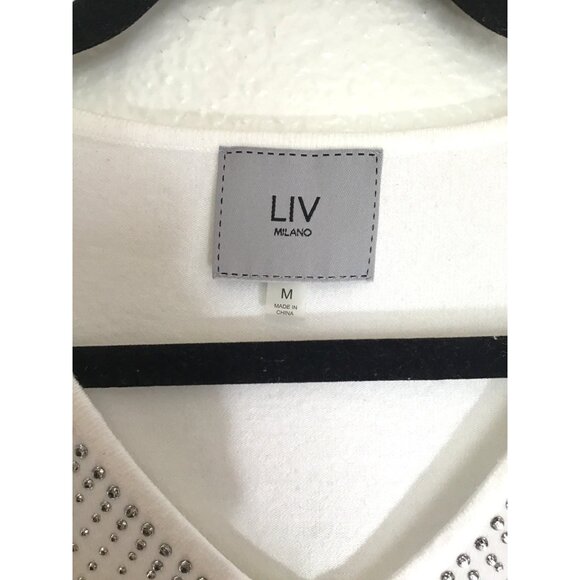 LIV-WHITE WOMENS WHITE V-NECK LONG SLEEVE EMBELISHED RHINESTONES SWEATER SIZE M - Picture 3 of 7